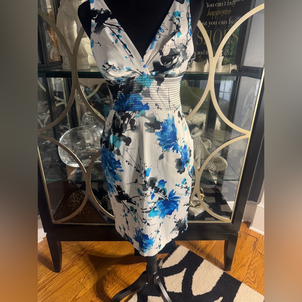 Bisou Bisou Blue and White Plunge Neck Sheath Dress